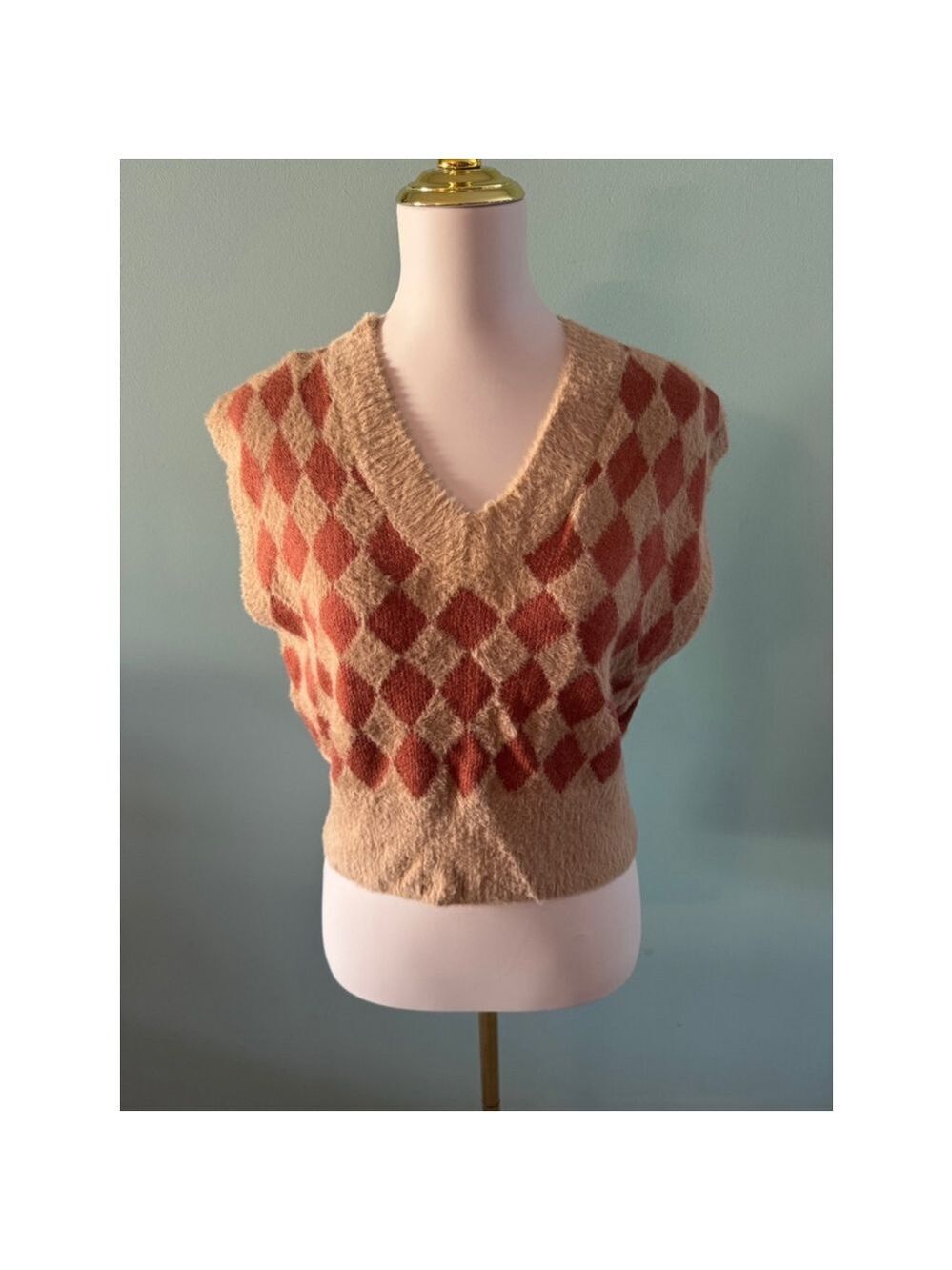 Women's Sincerely Jules Sweater Vest XS Beige Brown Argyle